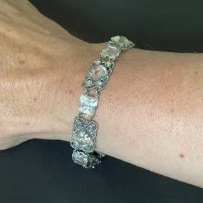 Vintage bracelet, Art Deco paste rhinestone and open backed princess cut crystal geometric silver tone filigree cocktail bracelet