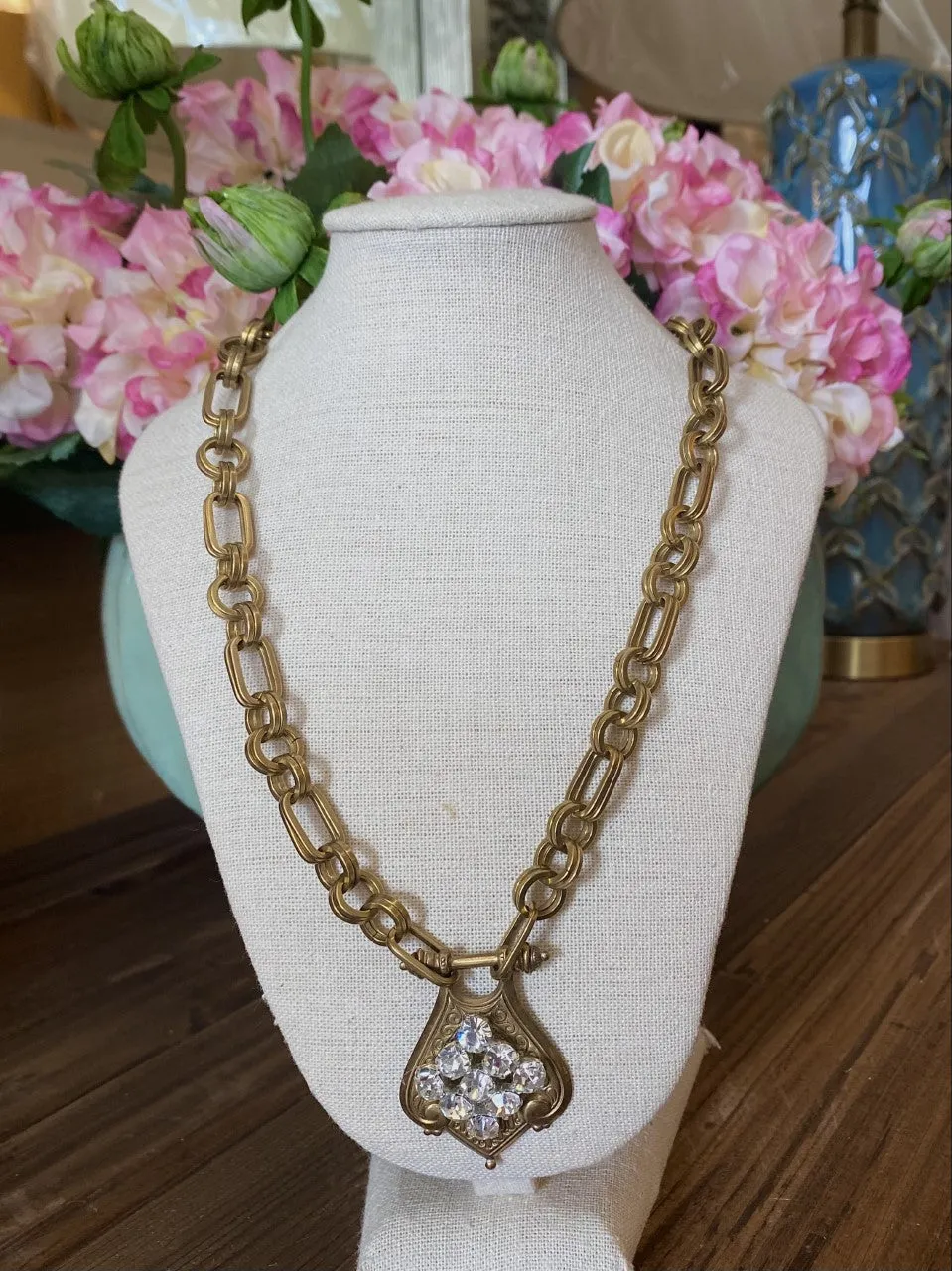 Vintage Chain Necklace with Vintage Czech Button