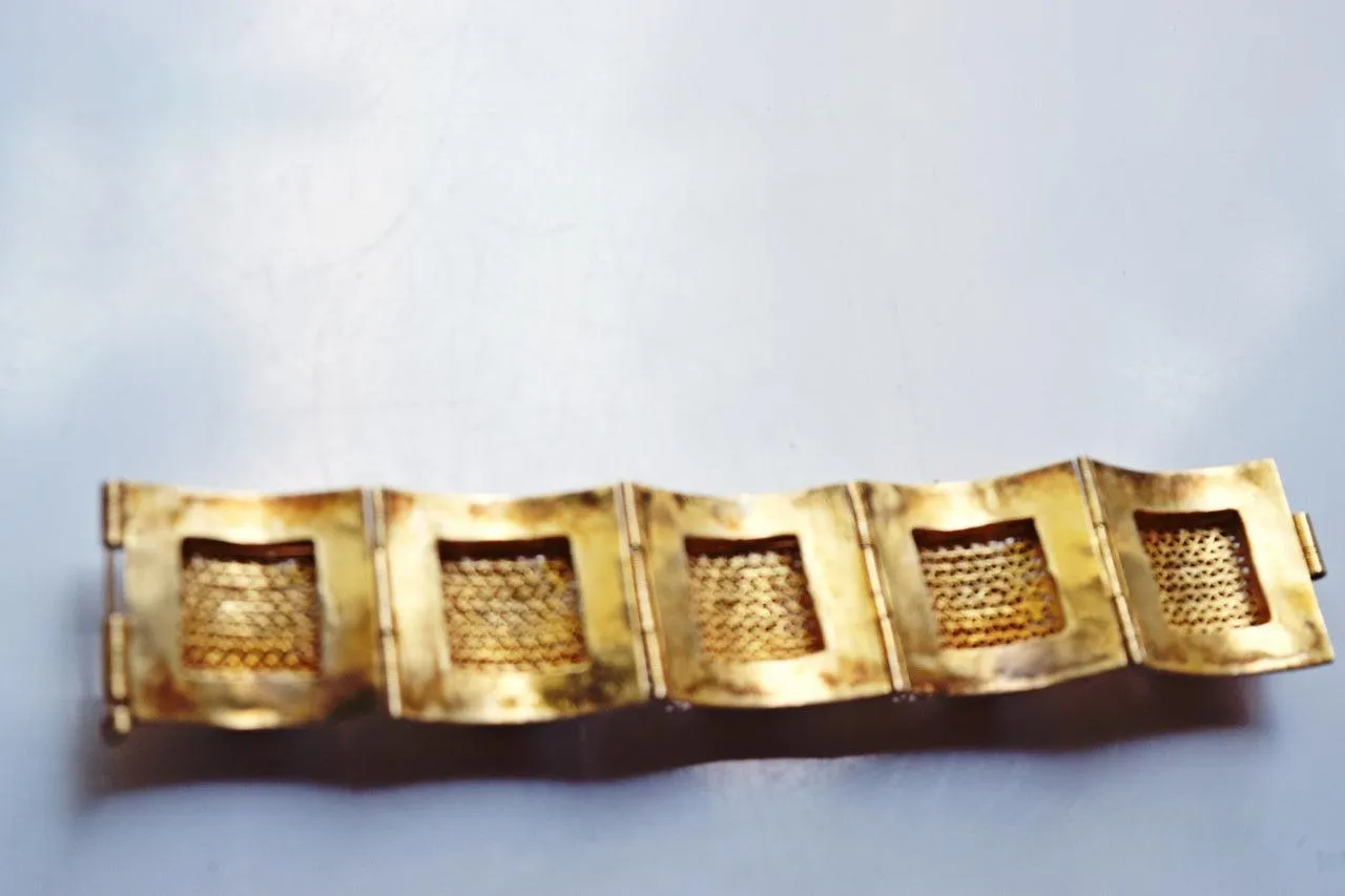 Vintage Egyptian Gold Gilt Silver Panel Bracelet with Foiled Glass