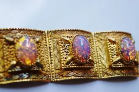 Vintage Egyptian Gold Gilt Silver Panel Bracelet with Foiled Glass