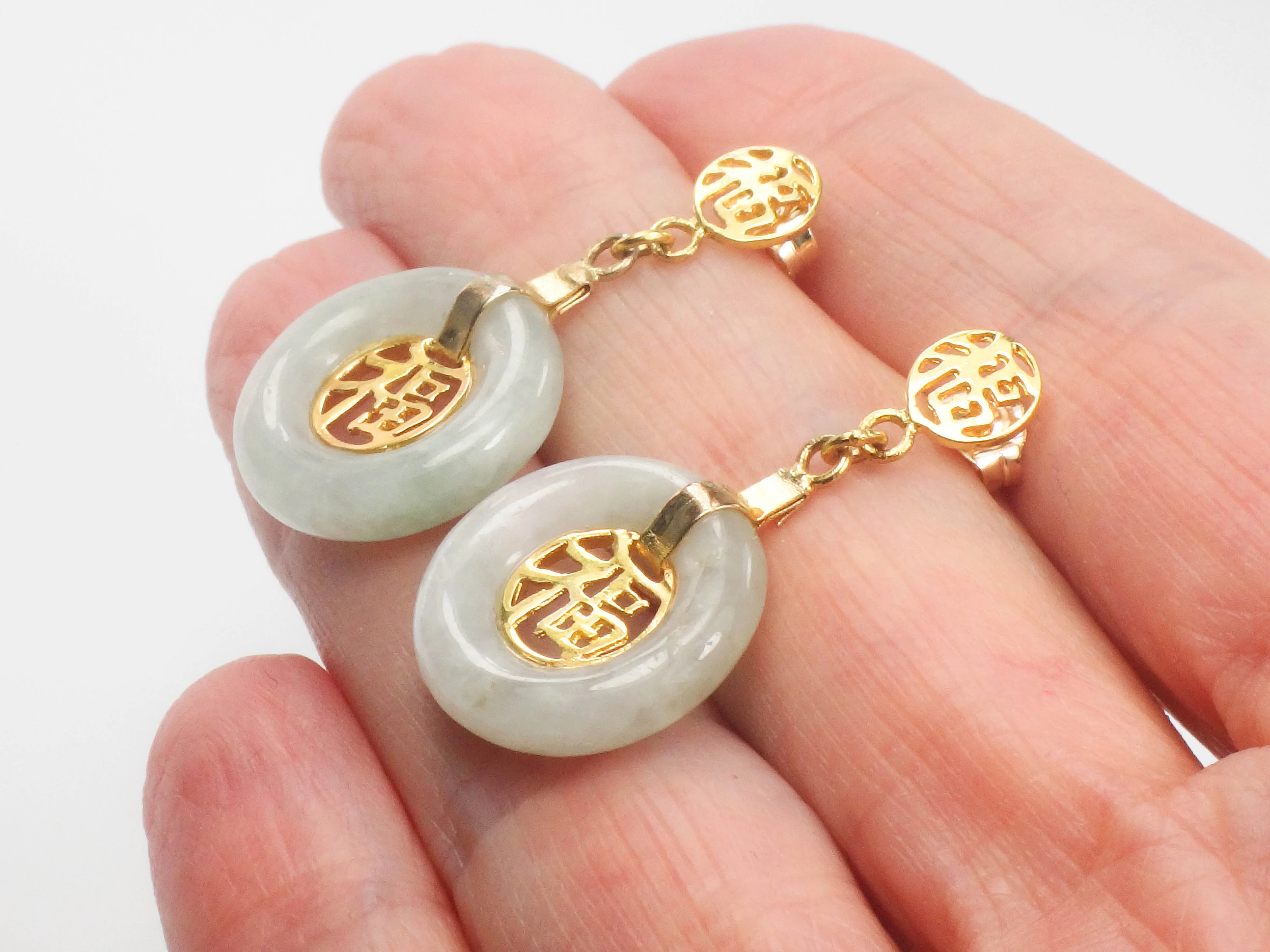 Vintage Gold Plated Silver Green Jade Circle Dangle Earrings