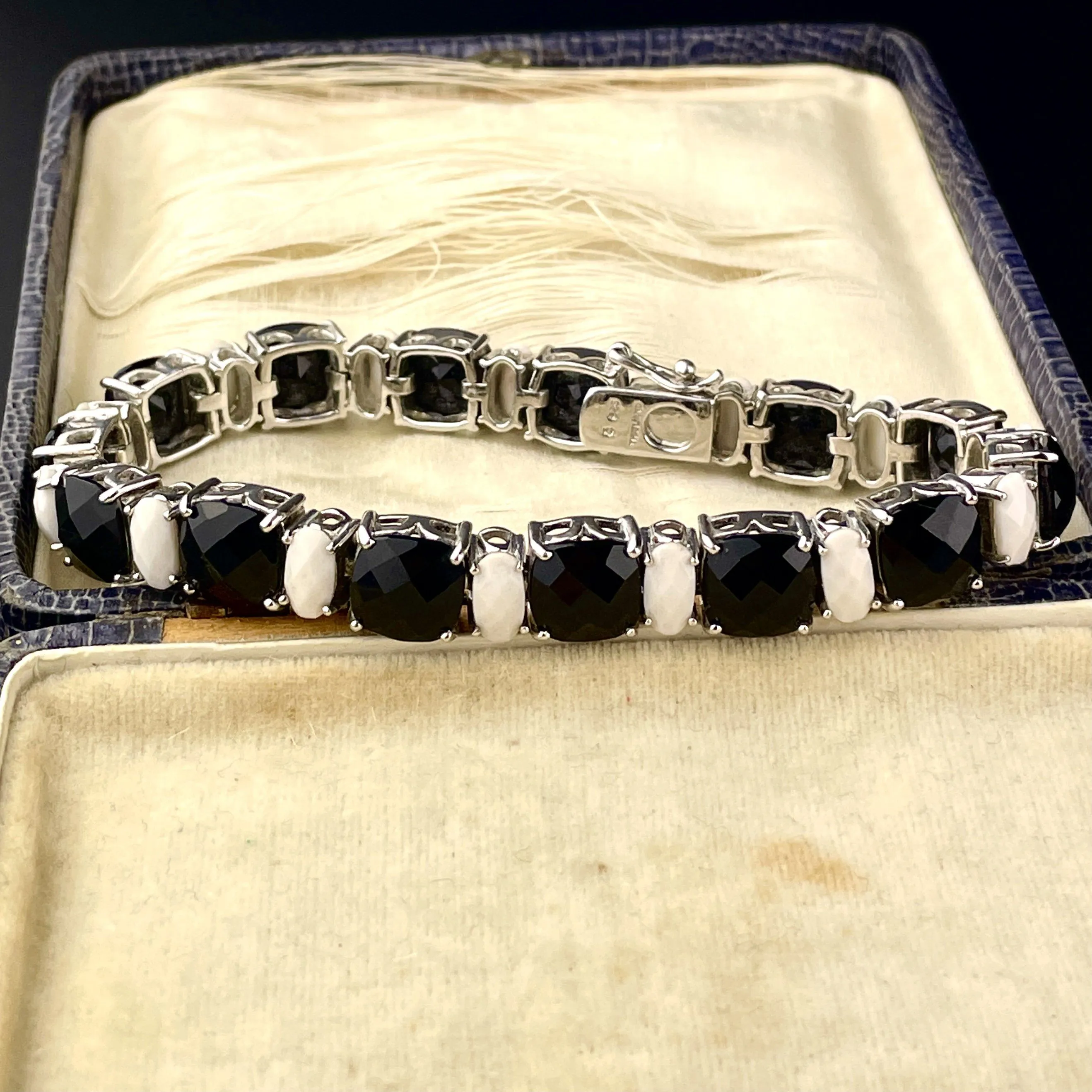 Vintage Sterling Onyx White Quartz Tennis Bracelet