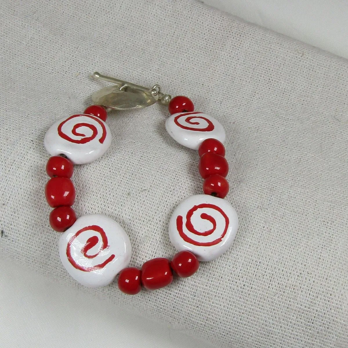 White and Red Kazuri Bracelet Handmade Fair Trade Beaed