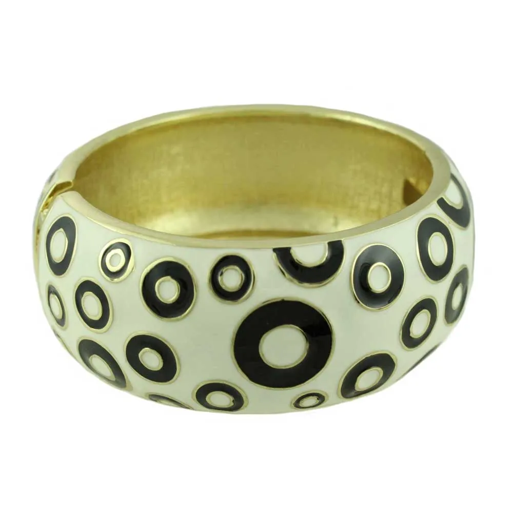 White Enamel with Black Polka Dots Hinged Bangle - BG506