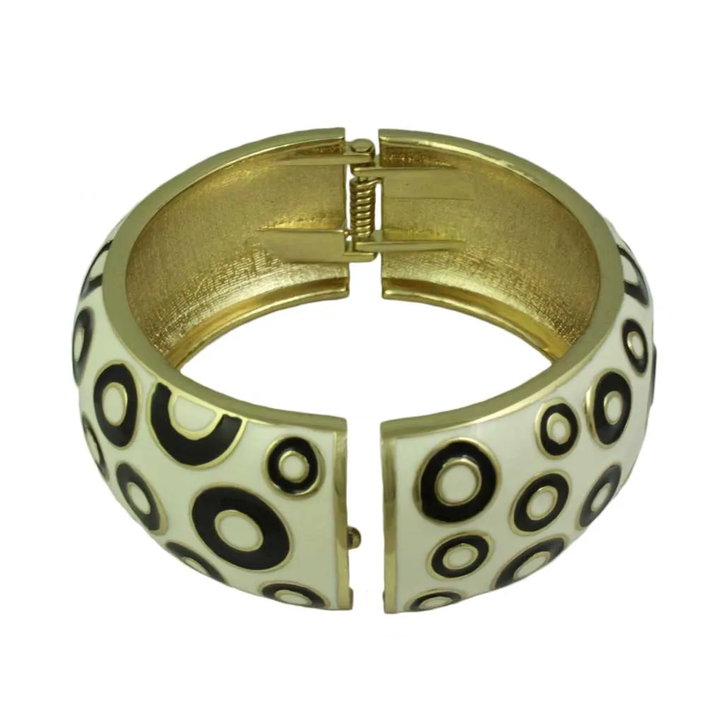 White Enamel with Black Polka Dots Hinged Bangle - BG506