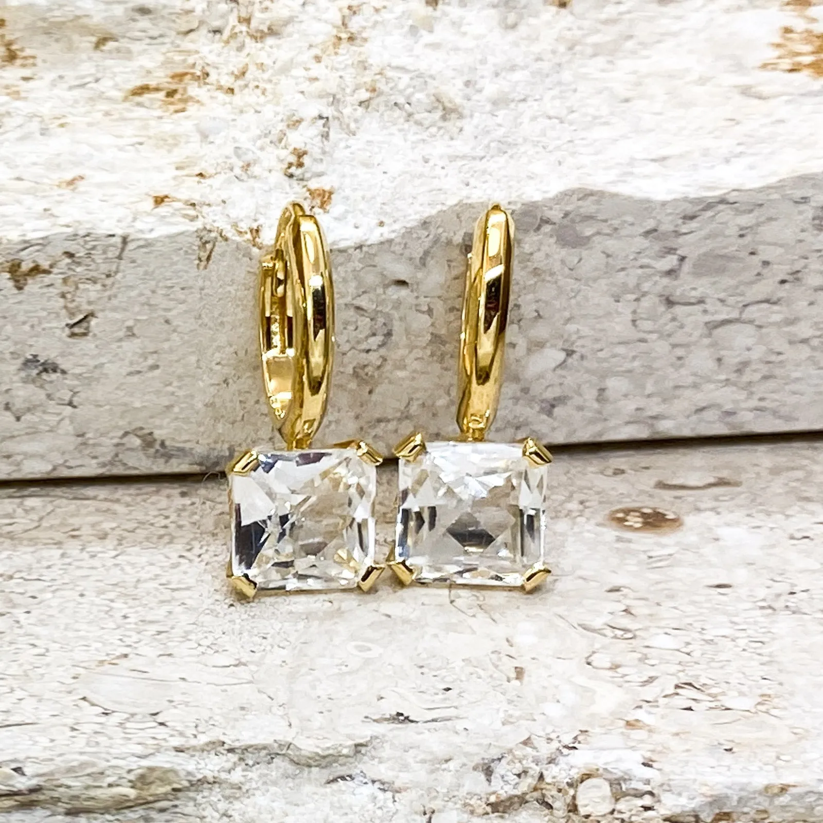 White Topaz Square Gemstone Plated Yellow Gold Silver Gold Earrings | Stargaze Petite Asscher Collection