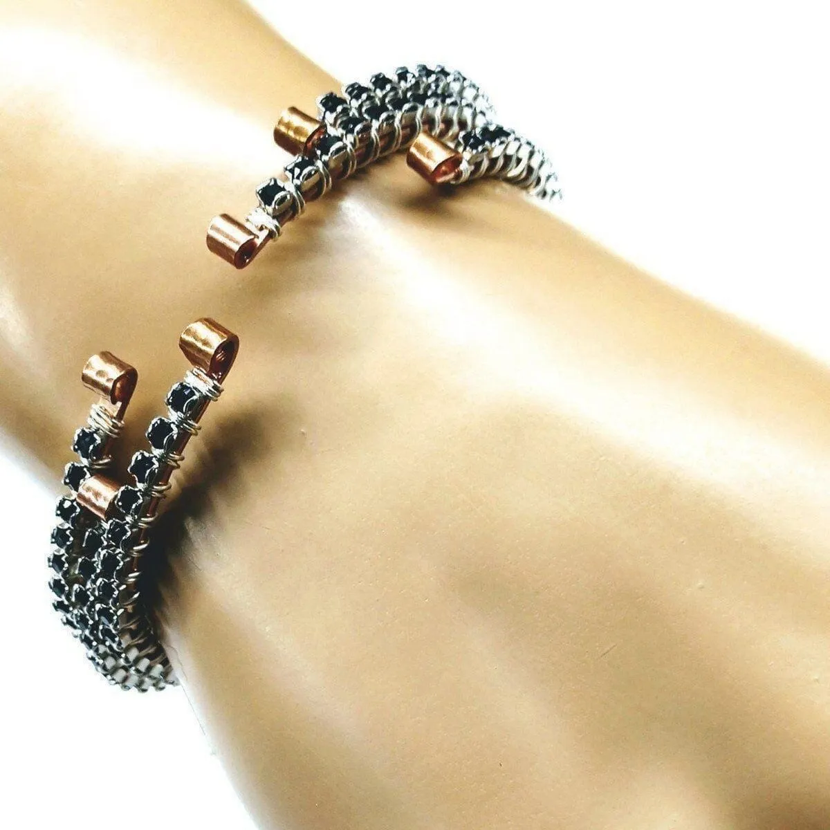 Wire Wrapped Copper Silver Black Crystal Rhinestone Bangle