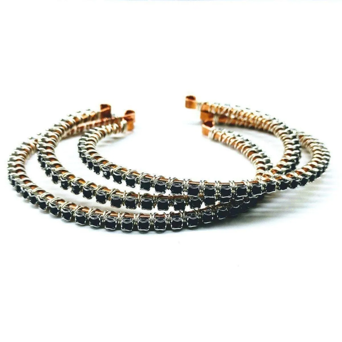 Wire Wrapped Copper Silver Black Crystal Rhinestone Bangle