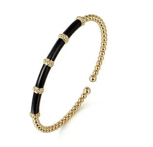 Yellow Gold Bujukan Beads Split Bangle Bracelet with Black Enamel