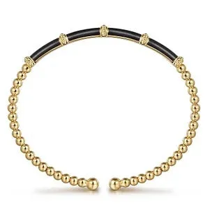 Yellow Gold Bujukan Beads Split Bangle Bracelet with Black Enamel