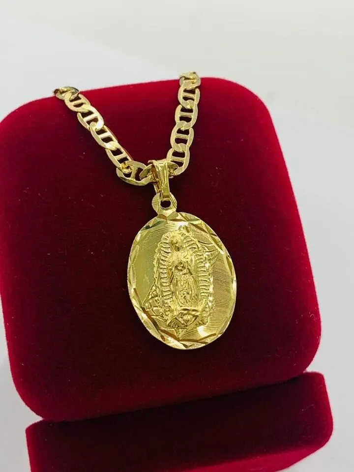 Yellow Gold Filled Virgen de Guadalupe Necklace Charm Mariner Chain 24" Mens Womens