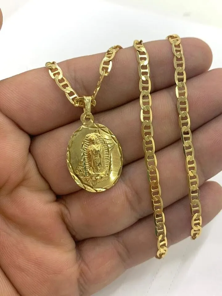 Yellow Gold Filled Virgen de Guadalupe Necklace Charm Mariner Chain 24" Mens Womens